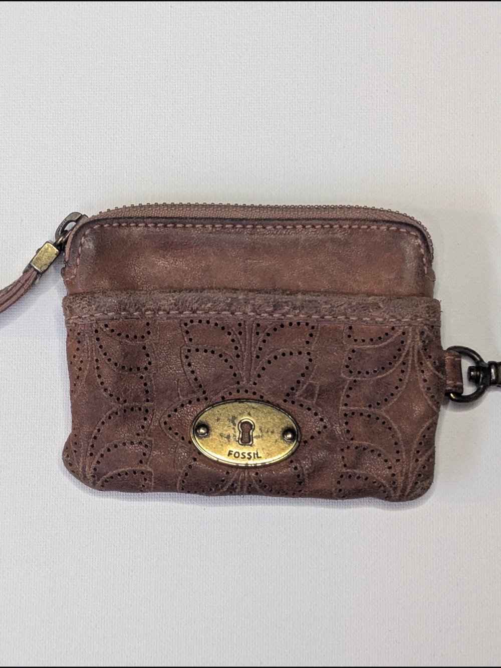 Vintage Fossil Brown Leather Zipper Coin Purse ID Card Holder Keychain Wallet